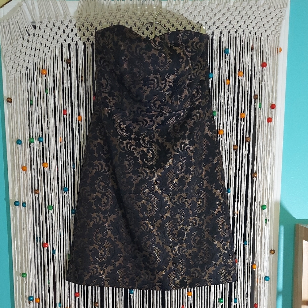 LOFT Strapless Dress in Black and Gold Brocade